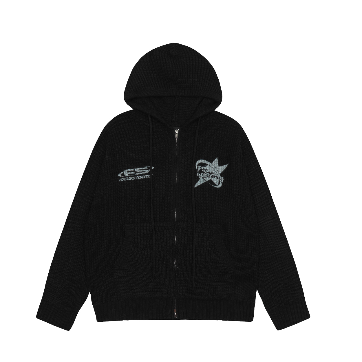 Focus Storm Guochao Coarse Knit Hooded Cardigan Couple's American Retro Graphic Print Warm Sweater 68007# zx - Focus Storm