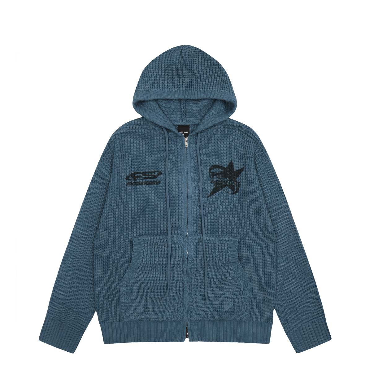 Focus Storm Guochao Coarse Knit Hooded Cardigan Couple's American Retro Graphic Print Warm Sweater 68007# zx - Focus Storm
